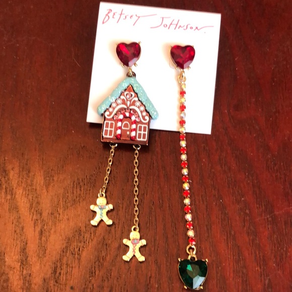 Betsey Johnson Jingle Bell Bling Gingerbread House Heart Mismatch Drop Earrings - Picture 11 of 14